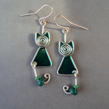 Earrings Green Twisted Cats