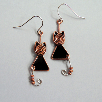 Earrings Black Copper Twisted Cats