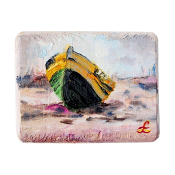 62 Drewniany Obrazek Pocztówka - Łódka na Plaży